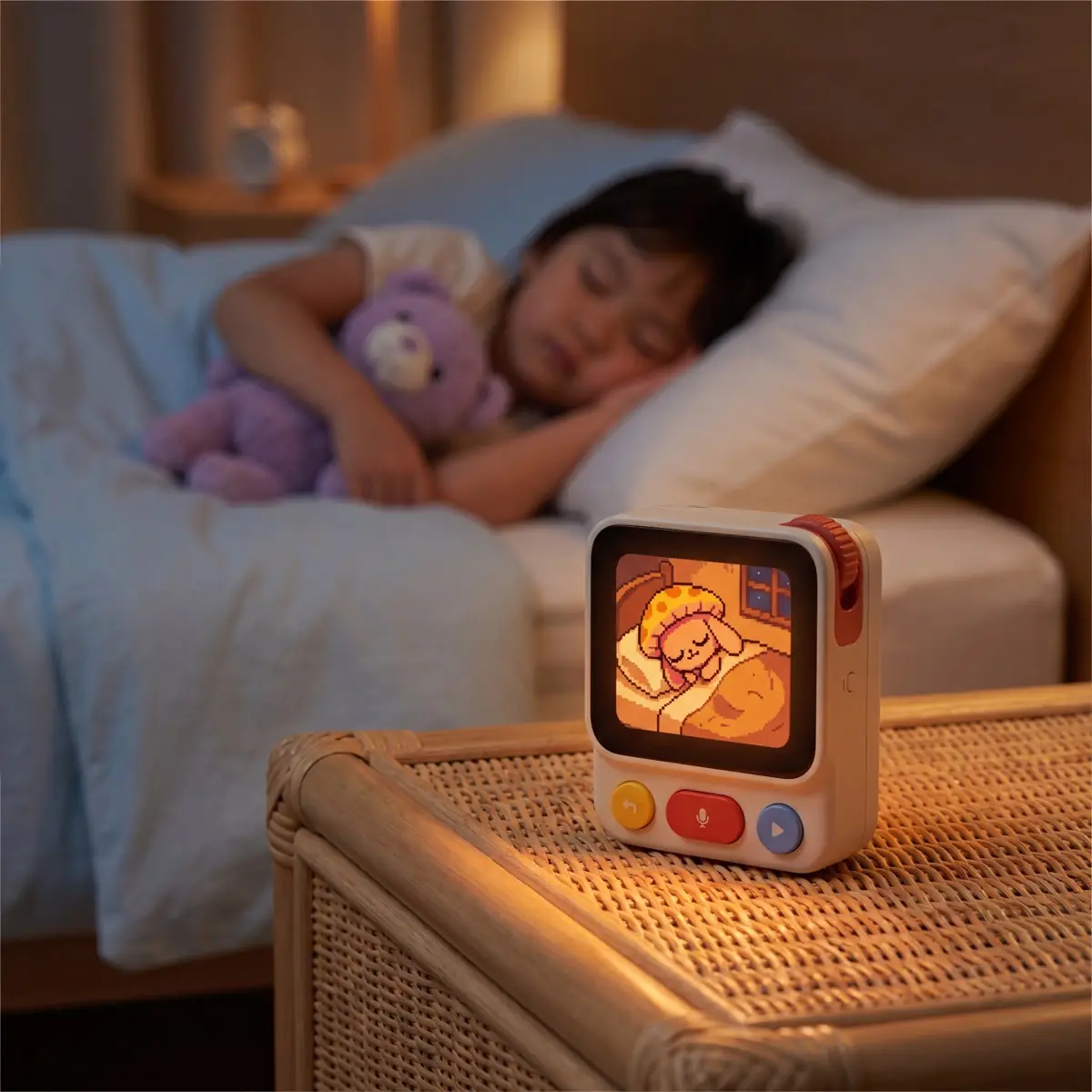 A child asleep with a teddy bear while the Nowa pet sleeps on its screen on the nightstand
