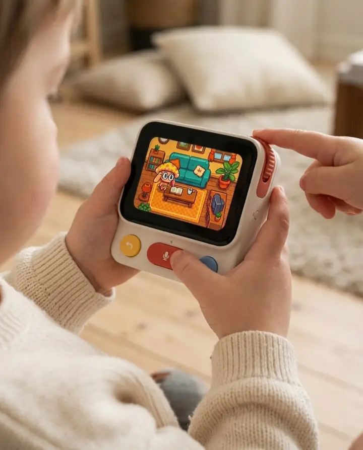 A child holding the Nowa device while a parent points at the pet on screen