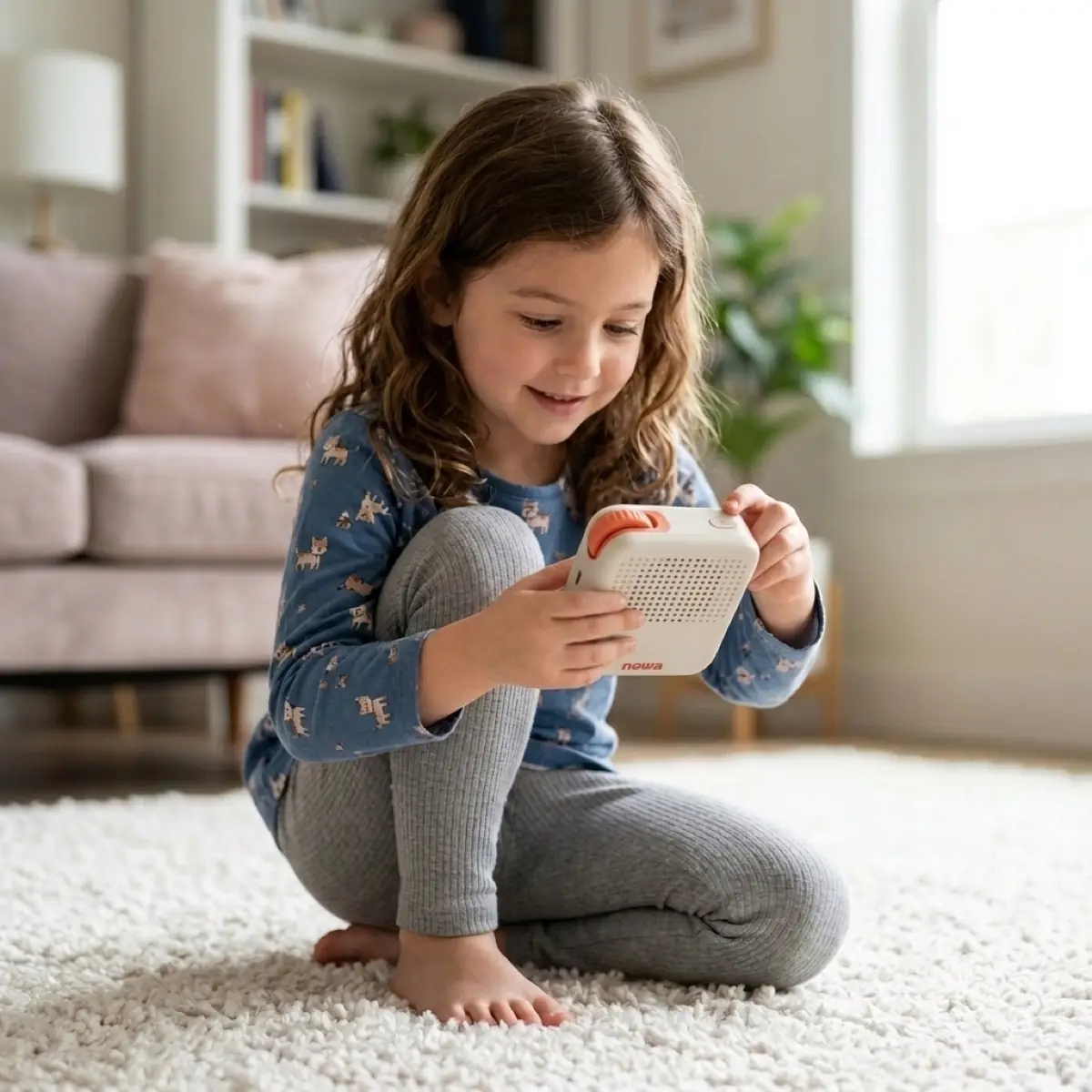 A girl sitting on the living-room rug, smiling at the Nowa device in her hands
