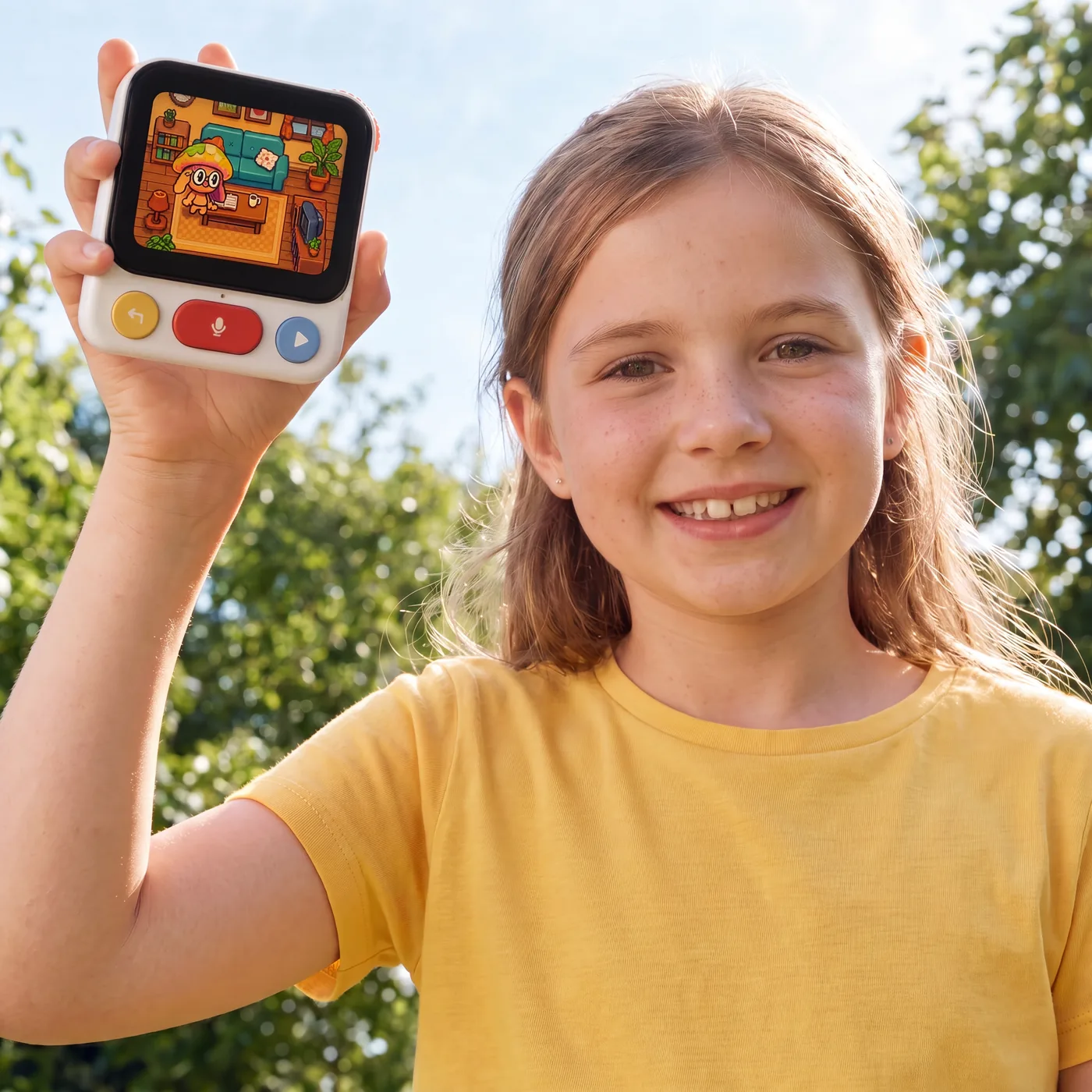 A girl outdoors, holding up her Nowa device and smiling at the camera