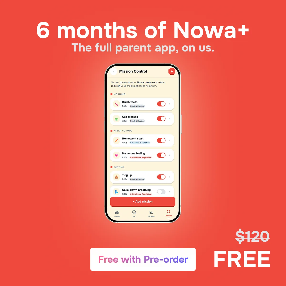 The Nowa+ parent app: Mission Control, where you set the routines